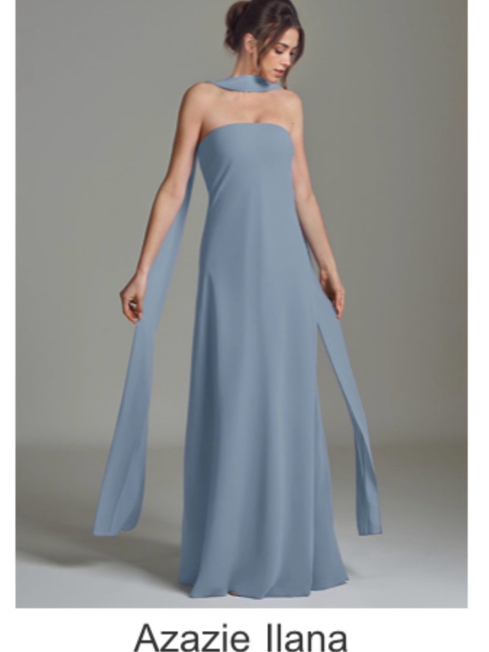 Azazie Strapless Ilana Gown in Dusty Blue with Scarf Detail